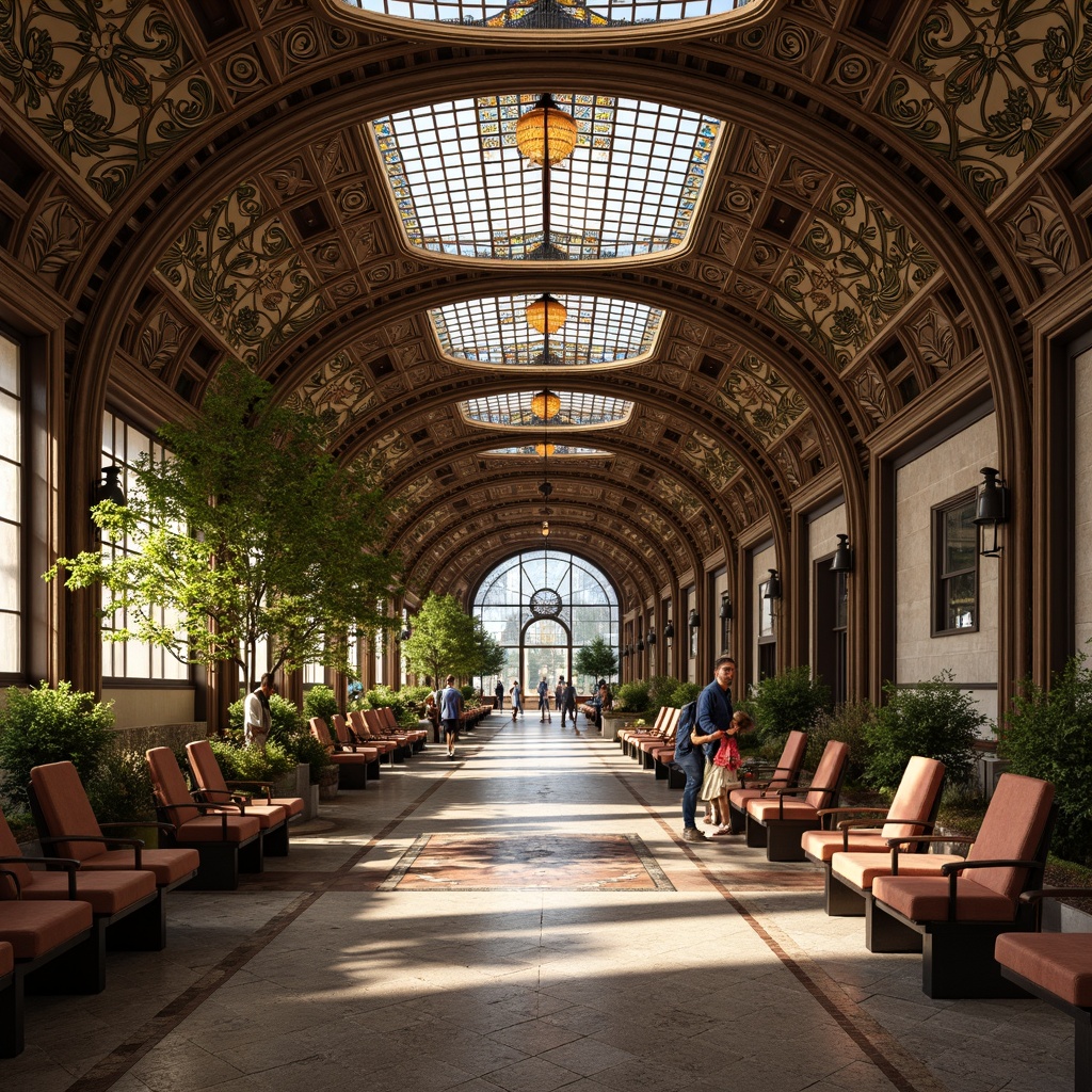 Prompt: Intricate metalwork, flowing curves, ornate details, bus station terminal, grand entrance, stained glass ceiling, organic-inspired furnishings, sinuous wooden benches, velvet upholstery, bronze accents, Tiffany lamps, mosaic flooring, natural stone walls, lush greenery, soft warm lighting, shallow depth of field, 3/4 composition, realistic textures, ambient occlusion.