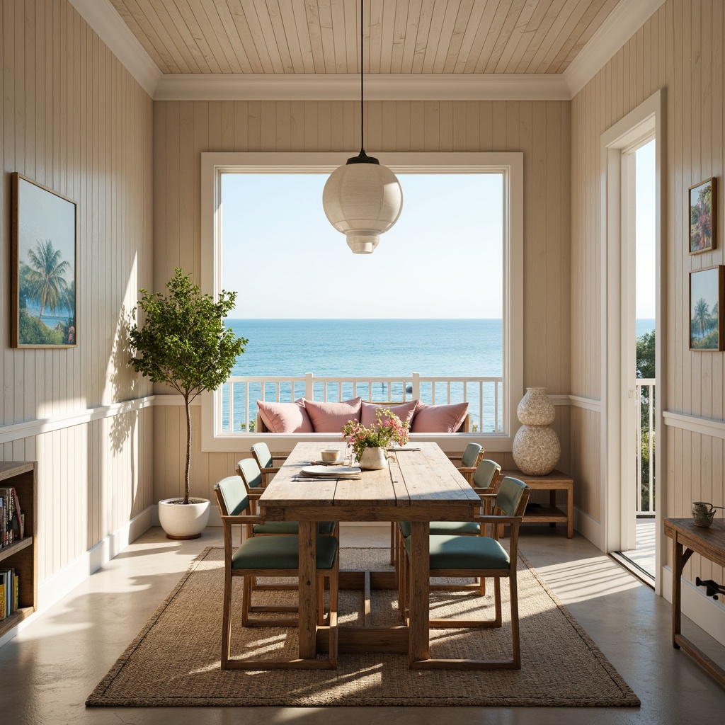 Prompt: Coastal-style dining room, calming ocean views, soft sandy beige walls, weathered wood accents, driftwood furniture, natural linen textiles, seafoam green upholstery, coral pink decorative accents, crisp white trim, glass pendant lights, nautical rope details, distressed finishes, beachy vibe, warm sunny day, soft diffused lighting, shallow depth of field, 1/1 composition, realistic textures, ambient occlusion.