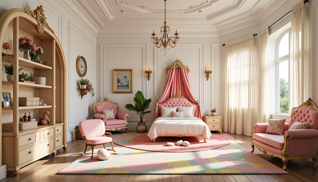 Prompt: Whimsical kids' room, soft pastel colors, ornate Rococo furniture, intricately carved wooden pieces, gilded accents, plush velvet fabrics, tufted upholstery, delicate lace trims, sparkling crystal chandeliers, playful toy storage, vibrant colorful rugs, creamy white walls, gentle natural light, warm cozy atmosphere, 1/1 composition, shallow depth of field, soft focus effect.