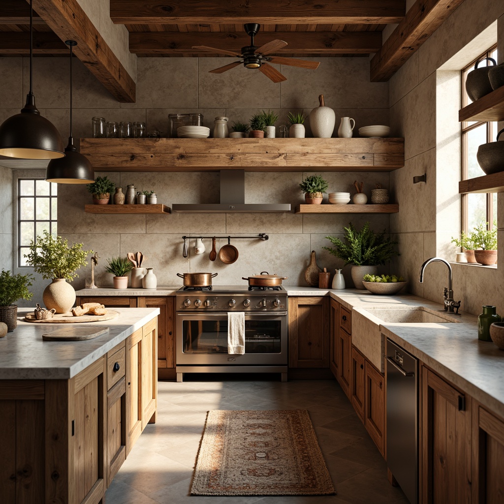 Prompt: Rustic kitchen, reclaimed wood cabinets, earthy tones, natural stone countertops, honed granite, matte finish, warm ambient lighting, traditional farmhouse sink, copper accents, distressed wooden beams, vintage cooking utensils, woven textiles, soft pastel colors, morning sunlight, shallow depth of field, 1/2 composition, realistic textures.