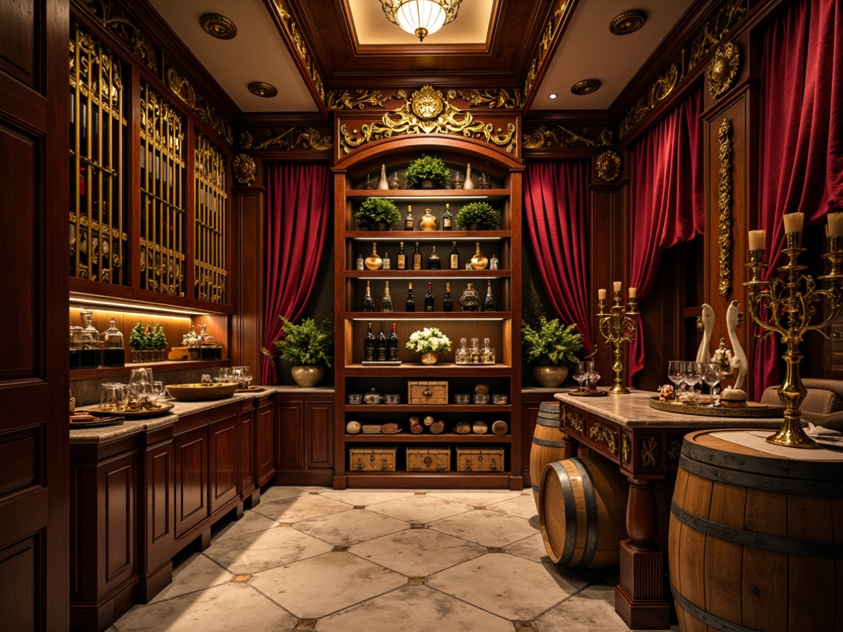 Prompt: Richly ornamented wine cellar, intricately carved wooden shelves, ornate metalwork accents, warm golden lighting, plush velvet drapes, polished marble floors, antique wooden barrels, vintage wine crates, decorative glassware, ornamental candelabras, dimly lit atmosphere, 1/2 composition, soft focus, realistic textures, ambient occlusion.