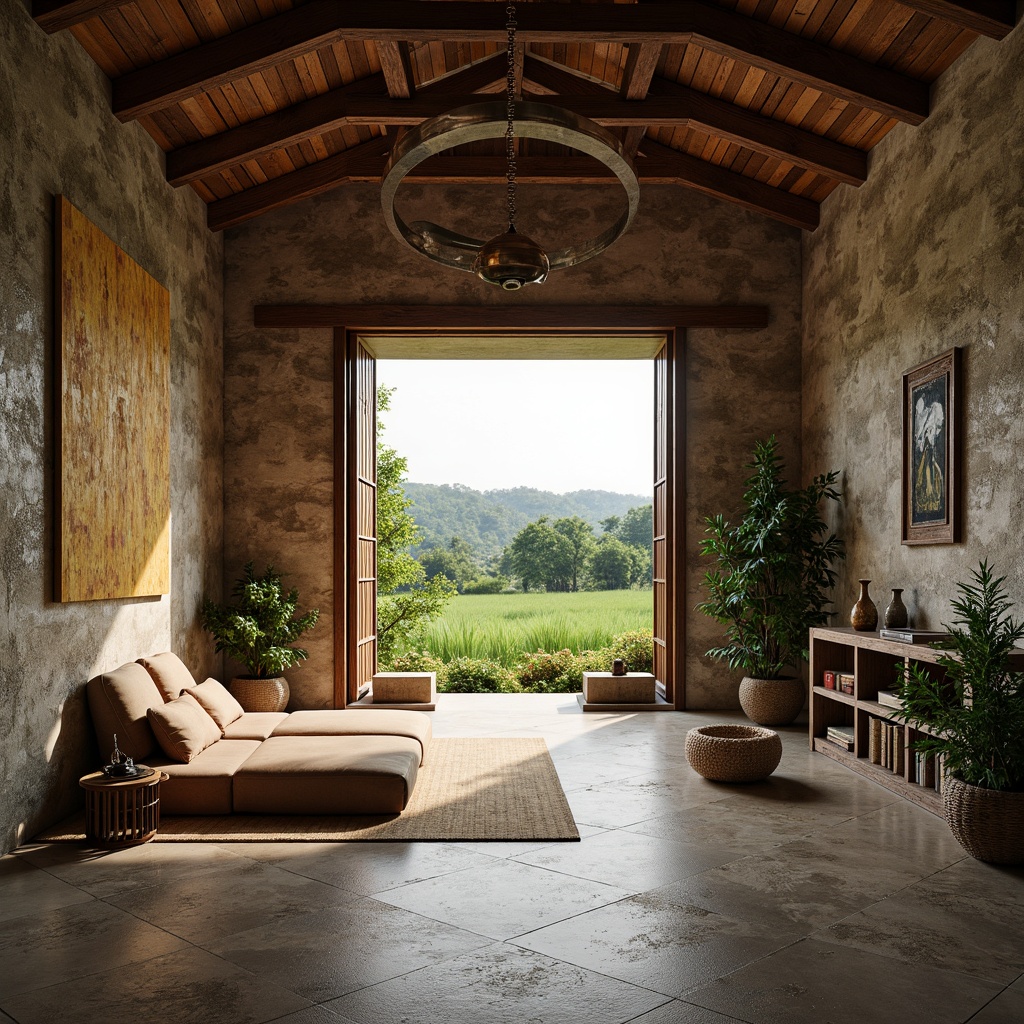 Prompt: Rustic farmhouse, natural stone walls, textured Asian-inspired patterns, earthy tone colors, wooden accents, vintage metal decor, lush greenery, paddy field views, serene countryside atmosphere, warm soft lighting, shallow depth of field, 1/1 composition, realistic textures, ambient occlusion, subtle color grading.