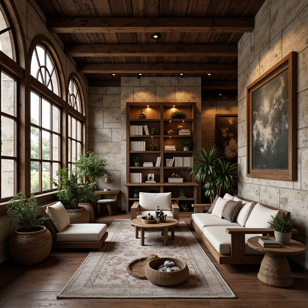 Prompt: Rustic wooden accents, distressed stone walls, earthy tones, natural textiles, woven baskets, vintage furniture, cozy reading nooks, soft warm lighting, shallow depth of field, 3/4 composition, intimate atmosphere, organic shapes, reclaimed wood flooring, industrial metal beams, exposed brick ceilings, moody color palette, tactile experiences, inviting ambiance, serene escape.