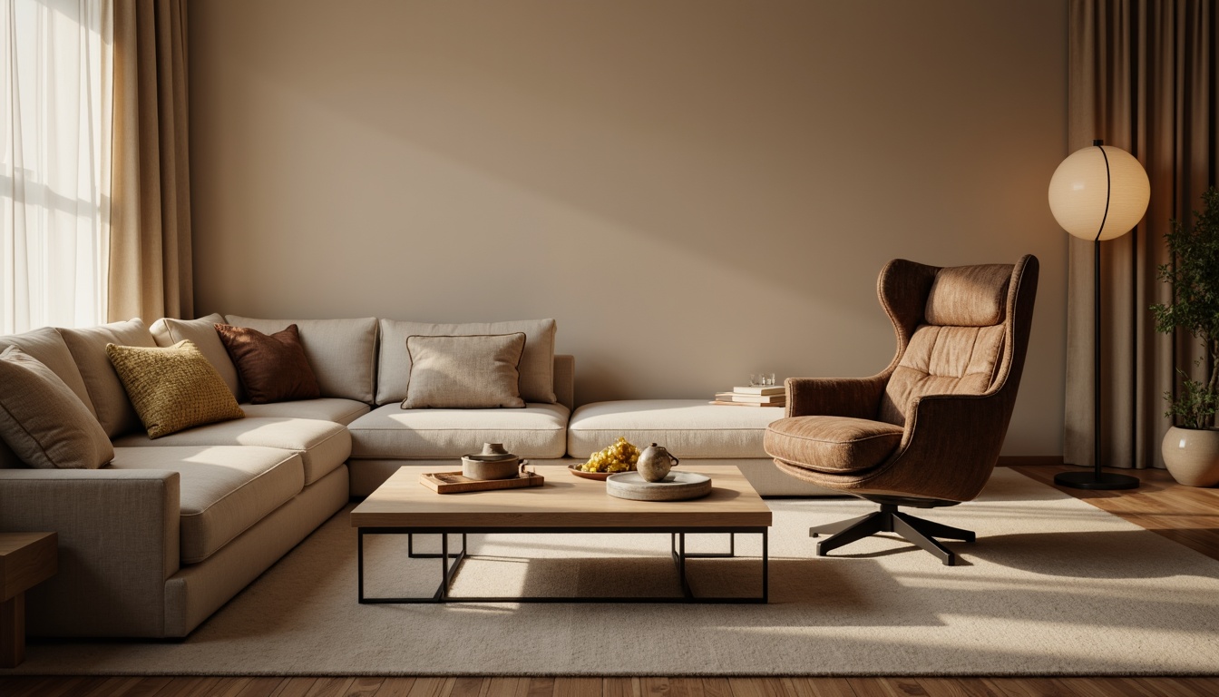 Prompt: Cozy living room, plush sofa, ergonomic chair, wooden coffee table, modern lamp, soft carpet, calming color palette, minimalist decor, comfortable cushions, adjustable headrest, sturdy metal frame, luxurious velvet upholstery, ambient lighting, 1/1 composition, shallow depth of field, warm beige walls, natural wood accents.