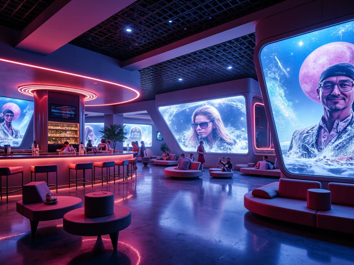 Prompt: Neon-lit futuristic bar, metallic curves, holographic displays, levitating seating, iridescent colors, LED lights, cyberpunk atmosphere, virtual reality experiences, futuristic cocktails, robotic bartenders, neon signs, glass floors, minimalist decor, angular lines, sleek surfaces, ambient glow, shallow depth of field, 1/1 composition, panoramic view, realistic reflections, atmospheric fog.