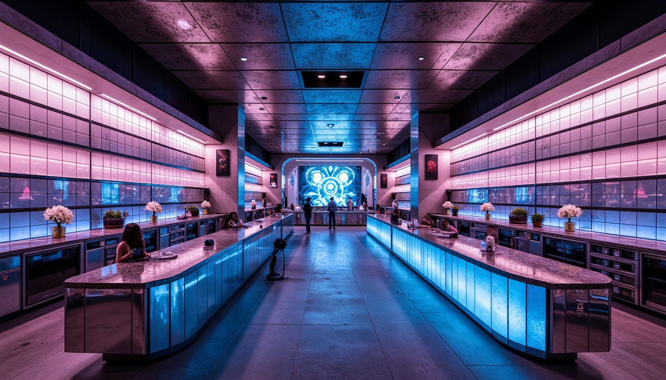 Prompt: Glossy metallic tiles, futuristic home bars, neon-lit countertops, angular geometric patterns, iridescent glass mosaics, holographic designs, LED light installations, minimalist decor, space-age aesthetics, high-tech materials, sleek chrome accents, polished concrete floors, ambient lighting, shallow depth of field, 3/4 composition, realistic textures, panoramic view.