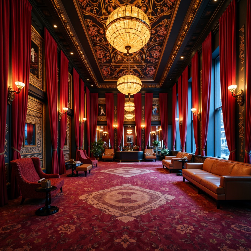 Prompt: Rich velvet drapes, luxurious carpets, ornate mirrors, flashy neon lights, bold patterned wallpapers, glossy marble floors, grand chandeliers, opulent furnishings, lavish decorations, intricate moldings, metallic accents, vibrant colorful upholstery, dramatic lighting effects, cinematic atmosphere, 3/4 composition, low-angle shot, high-contrast lighting, detailed textures, ambient occlusion.