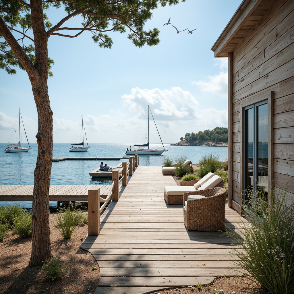 Prompt: Serene coastal scenery, weathered wooden docks, sailboats, seagulls flying overhead, ocean breeze, salty air, warm sunlight, soft focus, shallow depth of field, 3/4 composition, natural textures, ambient occlusion, beachside lounge chairs, woven wicker furniture, driftwood accents, sea-inspired decorative elements, calming color palette, blues and whites, sandy pathways, beach grasses, coastal wildflowers, rustic nautical ropes, distressed wood finishes, ocean-view windows, sliding glass doors.