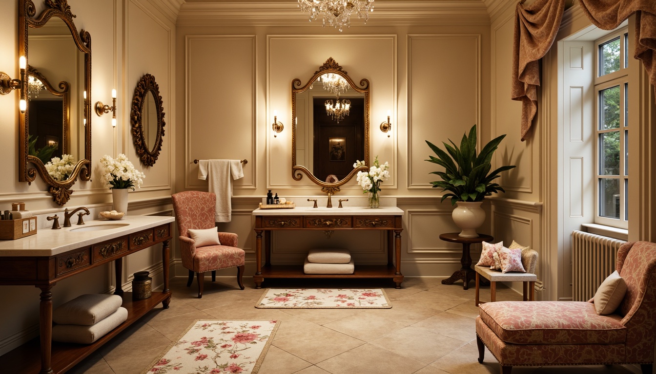 Prompt: Elegant powder room, ornate mirrors, luxurious velvet fabrics, soft golden lighting, delicate floral patterns, antique furniture pieces, marble countertops, crystal chandeliers, plush area rugs, rich wood tones, subtle scents, intimate ambiance, cozy seating areas, feminine touches, sophisticated color palette, refined architectural details, warm beige walls, decorative trimmings, classic designs, understated luxury.