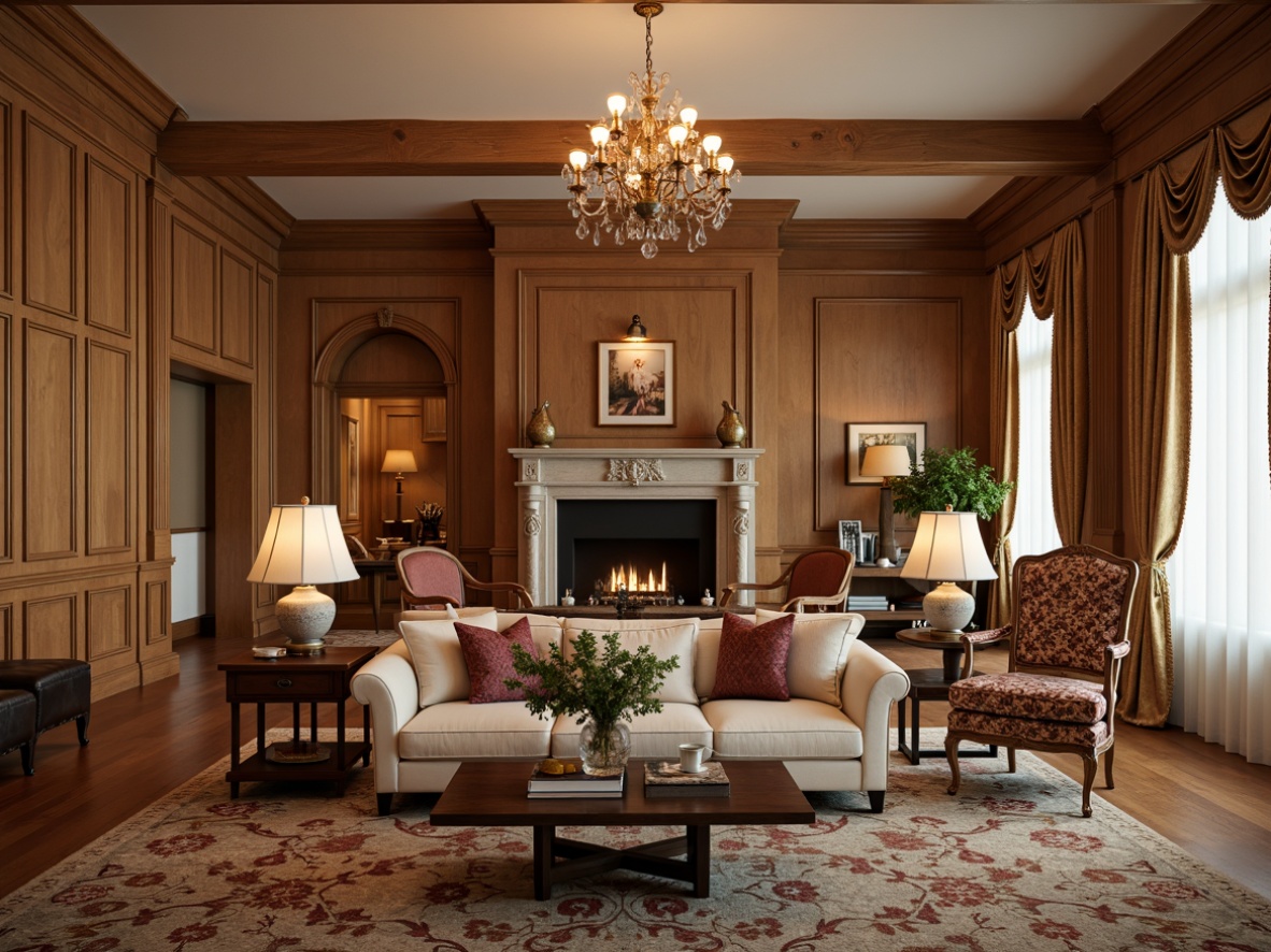 Prompt: Rich wood tones, warm beige walls, soft cream accents, luxurious gold hardware, ornate furnishings, velvet fabrics, intricate patterns, classic floral motifs, subtle earthy undertones, warm candlelight, inviting atmosphere, traditional architecture, wooden paneling, carved details, elegant chandeliers, sophisticated color scheme, timeless design elements, comfortable living spaces.