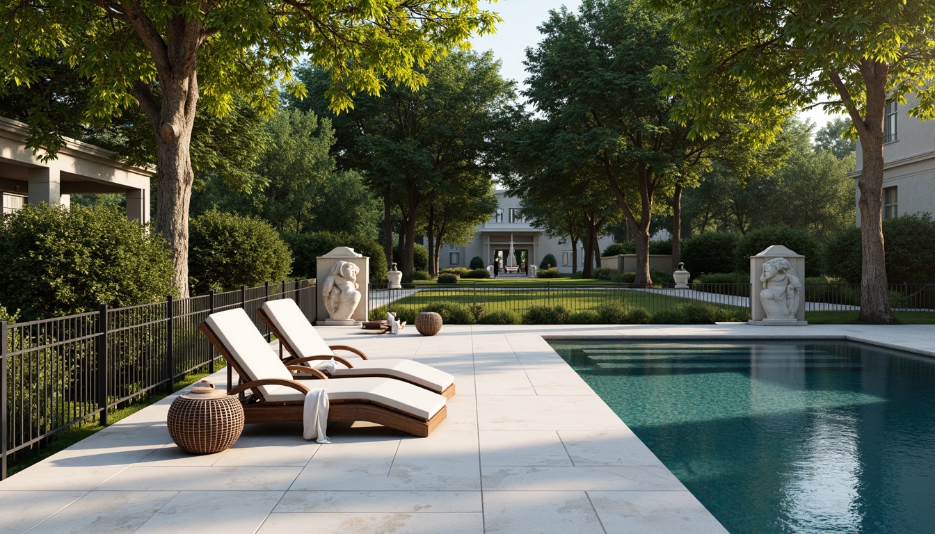 Prompt: Elegant poolside lounge chairs, ornate ironwork railings, travertine stone paving, lush greenery surroundings, classical sculptures, grandiose fountains, symmetrical garden designs, refined outdoor lanterns, soft warm lighting, 1/1 composition, serene atmosphere, realistic water textures, ambient occlusion.