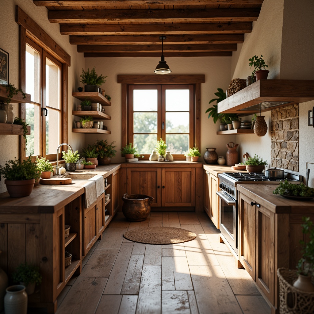 Prompt: Rustic kitchen, warm earthy tones, natural materials, reclaimed wood flooring, distressed finishes, stone walls, wooden beams, vintage appliances, farmhouse sink, ceramic tiles, terracotta pots, woven baskets, soft warm lighting, shallow depth of field, 1/1 composition, realistic textures, ambient occlusion.