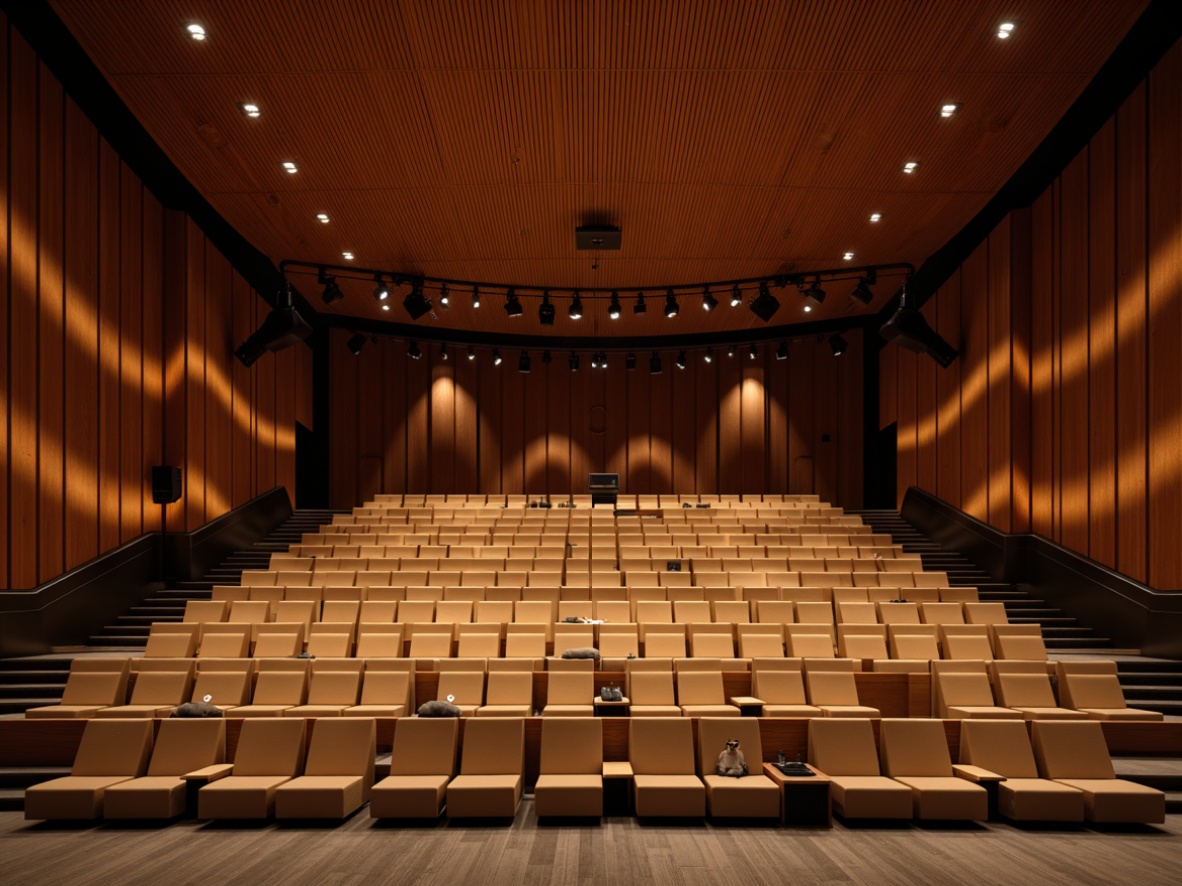 Prompt: Curved auditorium walls, wooden acoustic panels, sound-absorbing materials, plush theatre seats, spotlights, professional audio equipment, high ceilings, minimalist decor, rich wood tones, warm ambient lighting, 3/4 composition, shallow depth of field, realistic textures, ambient occlusion.