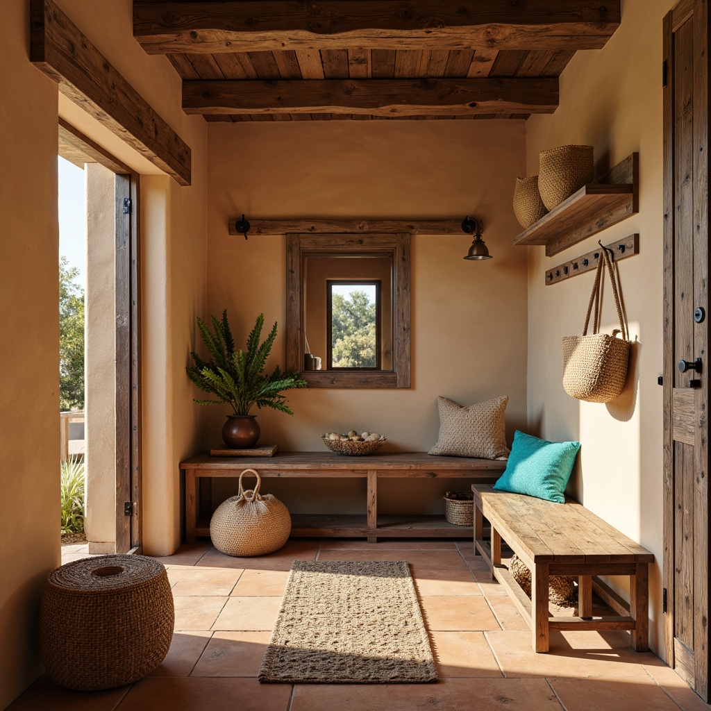 Prompt: Southwestern mudroom, earthy tones, terracotta floors, woven baskets, rattan furniture, natural fabrics, vibrant turquoise accents, distressed wood benches, industrial metal hooks, woven rugs, desert-inspired patterns, warm beige walls, ambient lighting, soft shadows, rustic decor, organic textures, 3/4 composition, panoramic view.