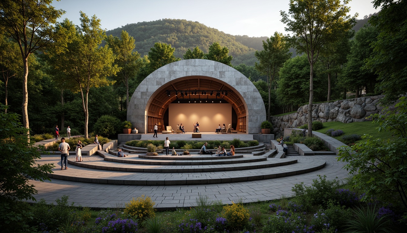 Prompt: Natural amphitheater setting, tiered seating, lush green surroundings, warm sunny day, soft diffused lighting, dramatic evening ambiance, subtle spotlighting, LED stage lights, warm color temperature, high contrast ratios, directional lighting, layered lighting design, audience comfort, uniform illumination, minimal glare, energy-efficient solutions, solar-powered systems, sustainable design principles, organic shapes, natural stone materials, wooden accents, minimalist railings, expansive vistas, panoramic views, realistic textures, ambient occlusion.