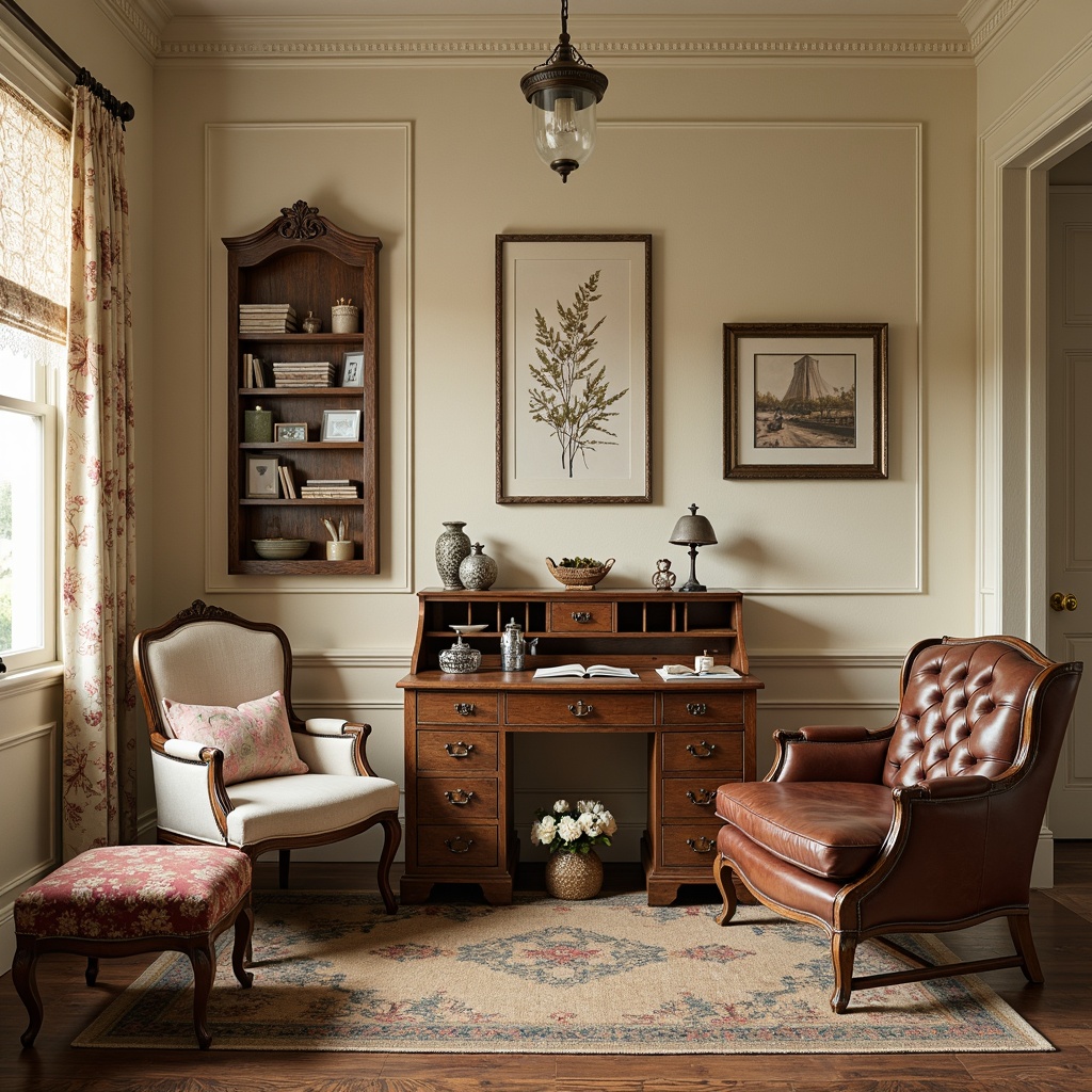 Prompt: Distressed wooden desk, vintage leather chair, soft pastel colors, floral patterns, lace curtains, ornate metal frames, distressed finishes, rustic wood shelves, woven baskets, decorative trims, velvet upholstery, tufted ottoman, antique accessories, warm beige walls, creamy white trim, natural fiber rugs, softbox lighting, 1/1 composition, intimate atmosphere, realistic textures.