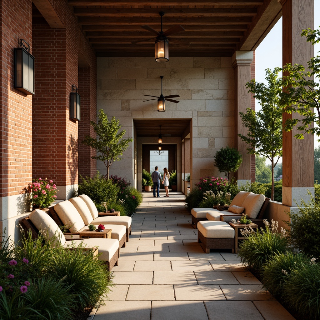 Prompt: Earthy tones, rustic red brick, weathered stone walls, lush greenery, vibrant flowers, warm beige seating, rich wood accents, classic lanterns, ornate iron railings, soft natural light, shallow depth of field, 3/4 composition, panoramic view, realistic textures, ambient occlusion.