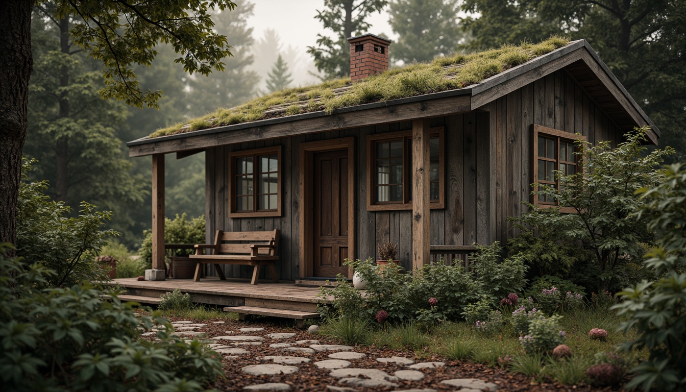 Prompt: Rustic wooden cabin, weathered planks, distressed finishes, natural stone walls, earthy tones, moss-covered roofs, overgrown vegetation, secluded forest surroundings, misty morning atmosphere, warm soft lighting, shallow depth of field, 1/2 composition, intimate close-up shots, realistic textures, ambient occlusion.