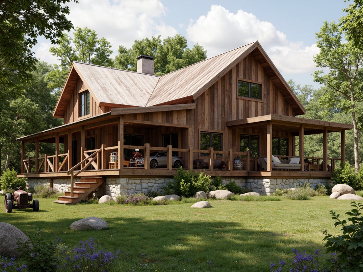 Prompt: Rustic farmhouse, reclaimed wood accents, earthy tones, natural stone foundations, corrugated metal roofs, vintage agricultural equipment, lush greenery, wildflower meadows, wooden fences, rustic lanterns, distressed wood textures, warm sunny day, soft diffused lighting, shallow depth of field, 1/1 composition, symmetrical framing, realistic weathered materials, ambient occlusion.