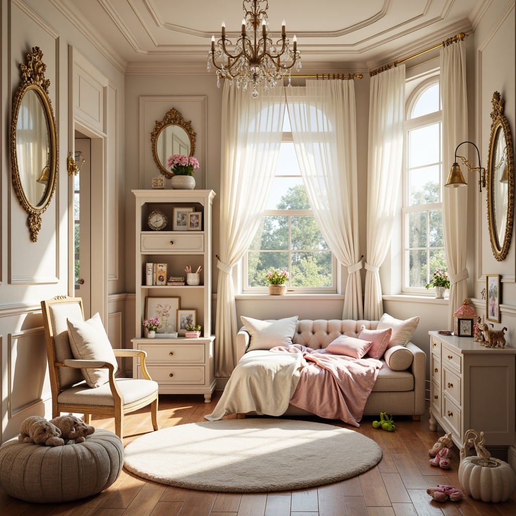 Prompt: Whimsical kids' room, soft pastel hues, creamy whites, warm beiges, rich gold accents, ornate furnishings, delicate florals, intricate patterns, curved lines, luxurious fabrics, velvet textures, tufted upholstery, ornamental mirrors, crystal chandeliers, playful toys, scattered rugs, Rococo-inspired decorative elements, gentle warm lighting, shallow depth of field, 1/1 composition, vibrant color pops, realistic rendering.