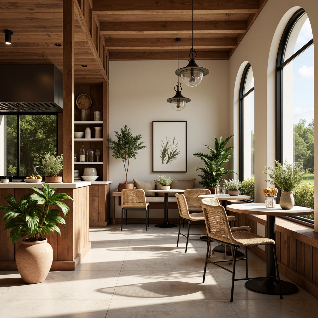 Prompt: Cozy breakfast nook, warm beige walls, rich walnut wood tones, soft cream accents, vintage-inspired metal chairs, distressed wooden tables, elegant white marble countertops, pendant lighting fixtures, natural woven textiles, earthy terracotta planters, lush greenery, sunny morning light, shallow depth of field, 1/2 composition, realistic textures, ambient occlusion.