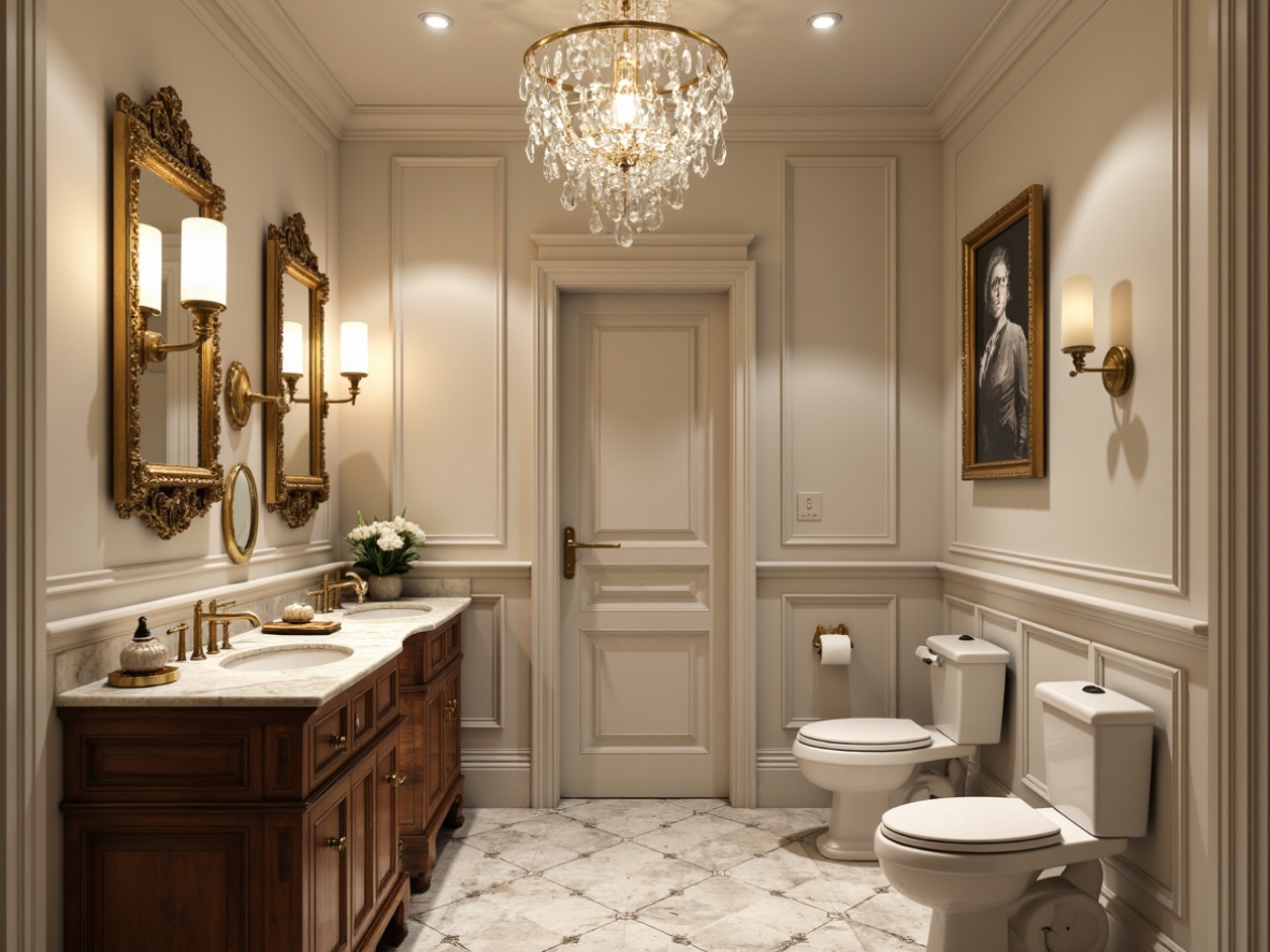 Prompt: Elegant powder room, luxurious marble countertops, ornate golden faucets, crystal chandeliers, soft warm lighting, ambient glow, subtle shadows, modern sconces, sleek metal fixtures, frosted glass shades, creamy white walls, rich wood cabinetry, sophisticated vanity, delicate floral patterns, refined academic style, 1/1 composition, shallow depth of field, realistic textures.