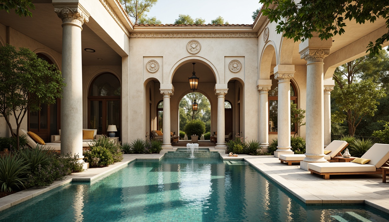 Prompt: Luxurious swimming pool, ornate neoclassical architecture, grandiose columns, carved stone statues, intricate moldings, elegant lanterns, symmetrical composition, serene water reflections, warm golden lighting, shallow depth of field, 1/1 composition, realistic textures, ambient occlusion, Mediterranean-inspired tiles, ornamental fountains, lush greenery, tropical plants, sunny day.