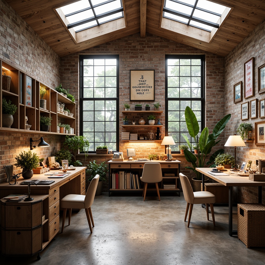 Prompt: Cozy craft room, wooden workbenches, ample storage shelves, eclectic decorative objects, soft warm overhead lighting, task lamps with metal shades, natural light pouring in through large skylights, rustic exposed brick walls, polished concrete floors, vibrant colorful textiles, woven baskets, potted plants, comfortable upholstered chairs, functional metal tables, adjustable arm lamps, creative inspirational quotes, industrial-style metal shelving units, warm beige color scheme, softbox lighting, 1/2 composition, realistic textures.