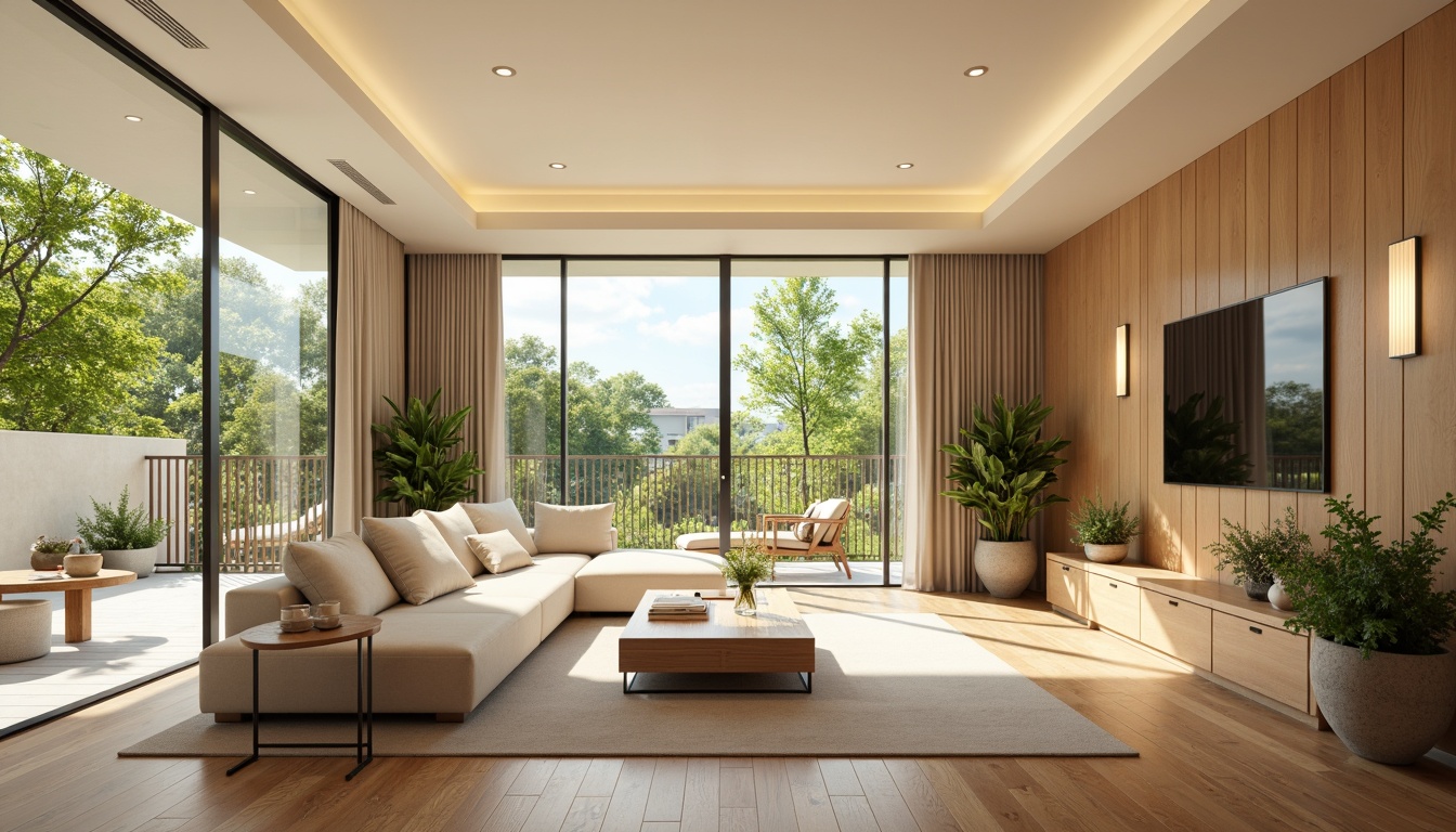 Prompt: Natural light-filled living room, warm beige walls, creamy white ceilings, polished wooden floors, comfortable sectional sofas, vibrant green plants, minimalist coffee tables, floor-to-ceiling windows, sliding glass doors, serene outdoor views, soft warm lighting, shallow depth of field, 3/4 composition, realistic textures, ambient occlusion.