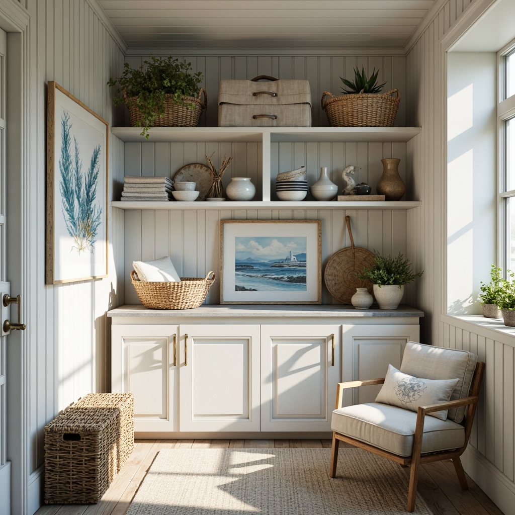 Prompt: Calming coastal storage room, soothing ocean hues, soft blues and whites, weathered wood accents, natural textiles, woven baskets, driftwood decorations, nautical ropes, distressed metal hardware, sea-inspired artwork, subtle coral patterns, warm beige tones, creamy whites, gentle sunlight, soft shadows, ambient lighting, 1/1 composition, realistic textures, shallow depth of field.