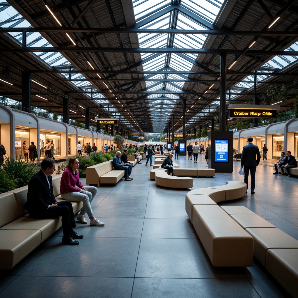 Prompt: Modern train station, sleek metal framework, futuristic seating area, comfortable benches, vibrant LED lighting, urban atmosphere, bustling crowd, dynamic curves, minimalist design, sustainable materials, eco-friendly furnishings, warm color scheme, shallow depth of field, 3/4 composition, realistic textures, ambient occlusion.