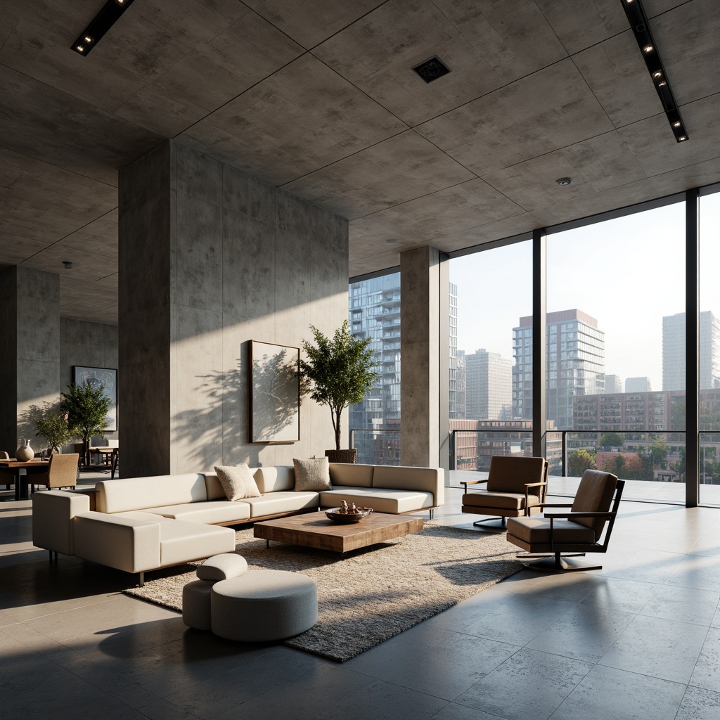 Prompt: Industrial-chic building, exposed concrete walls, polished concrete floors, minimalist decor, modern furniture, sleek metal accents, large windows, natural light, urban landscape, cityscape views, contemporary architecture, brutalist design, raw concrete textures, dramatic shadows, high-contrast lighting, 1/1 composition, realistic renderings.