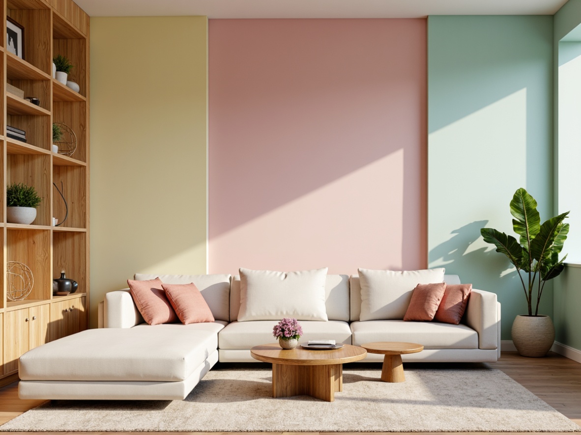 Prompt: Vibrant modern interior design, bold accent walls, pastel color schemes, soft natural lighting, creamy whites, rich wood tones, metallic accents, luxurious fabrics, sleek lines, minimalist decor, calm atmosphere, 1/1 composition, shallow depth of field, realistic textures, ambient occlusion.