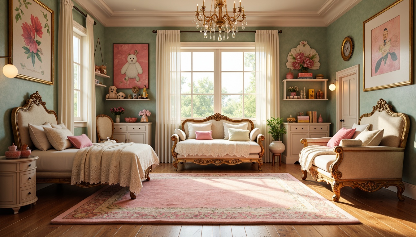 Prompt: Whimsical kid's bedroom, ornate Rococo furniture, intricately carved wood, gilded frames, lavish fabrics, soft pastel colors, delicate lace, sparkling chandeliers, plush area rugs, toy-filled shelves, curved lines, playful patterns, vibrant wall murals, sunny afternoon, warm golden lighting, shallow depth of field, 1/1 composition, intimate close-up shots, realistic textures, ambient occlusion.