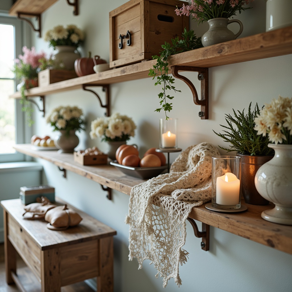 Prompt: Distressed wood shelves, vintage decorative brackets, soft pastel colors, feminine florals, lace trimmings, ornate metalwork, distressed finish, rustic wooden crates, antique furniture pieces, worn leather straps, faded elegance, warm candlelight, shallow depth of field, 1/2 composition, soft focus, natural textures.