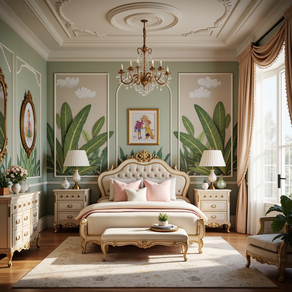 Prompt: Whimsical kids' bedroom, ornate Rococo style furniture, intricately carved wood, gilded accents, soft pastel colors, fluffy white clouds, playful cartoon characters, delicate porcelain vases, lush greenery, velvet drapes, crystal chandeliers, luxurious fabrics, tufted upholstery, golden picture frames, intricate mirrors, romantic candelabras, warm soft lighting, shallow depth of field, 1/1 composition, realistic textures, ambient occlusion.