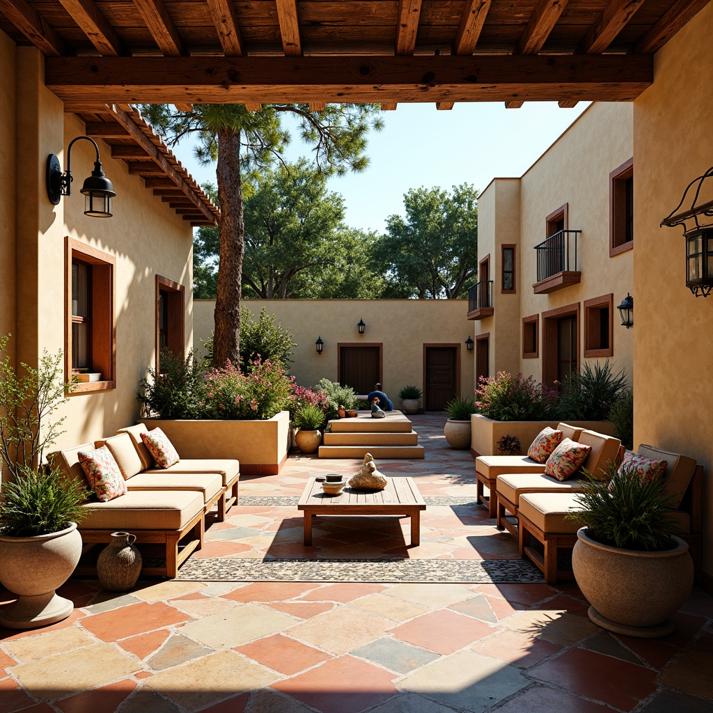 Prompt: Vibrant Mediterranean villa, ornate tiles, colorful ceramics, rustic wooden accents, natural stone walls, plush cushions, intricate embroidery, azulejo patterns, sunny courtyard, lush greenery, blooming flowers, warm earthy tones, soft warm lighting, shallow depth of field, 3/4 composition, panoramic view, realistic textures, ambient occlusion.