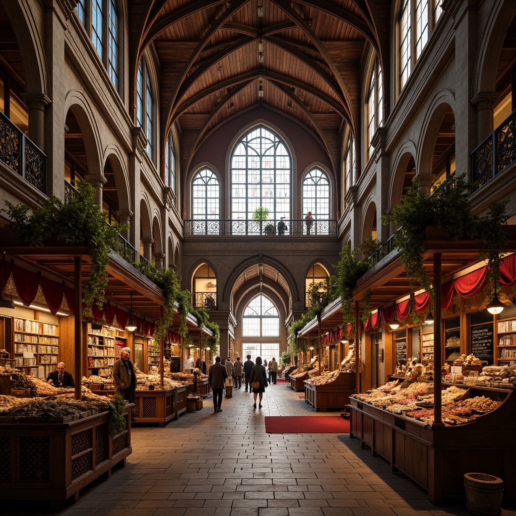 Prompt: Grand market hall, high vaulted ceilings, ornate ribbed arches, stained glass windows, intricate stone carvings, Gothic spires, flying buttresses, grandiose chandeliers, rich tapestries, luxurious velvet fabrics, polished wooden stalls, antique metal lanterns, mystical ambiance, warm golden lighting, dramatic shadows, 1/1 composition, symmetrical framing, ornate typography, realistic textures, ambient occlusion.