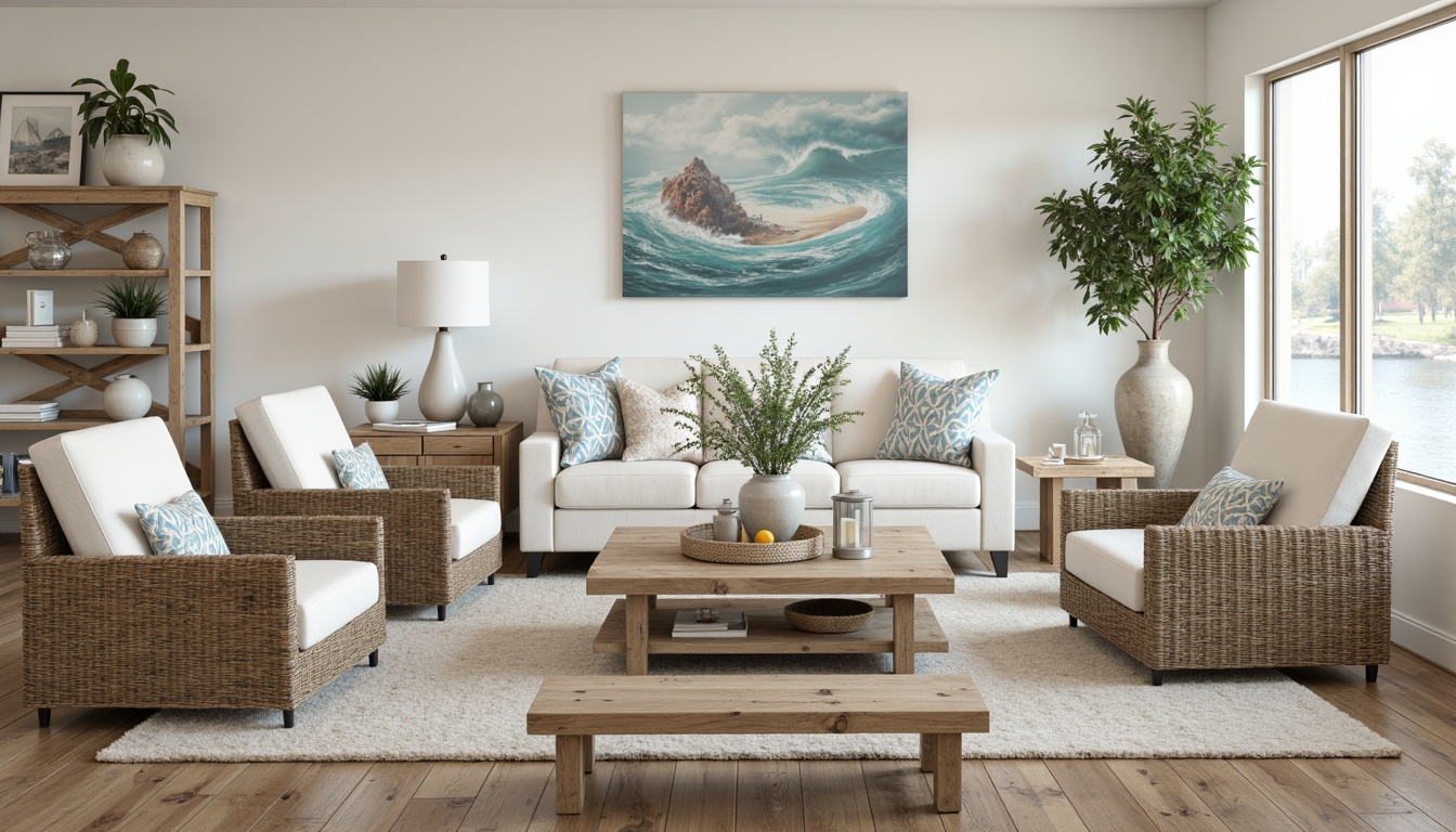 Prompt: Driftwood coffee tables, woven seagrass armchairs, ocean-inspired vases, coral-patterned throw pillows, natural fiber rugs, reclaimed wood shelves, beachy lanterns, sea-salt scented candles, weathered wooden benches, nautical-themed wall art, soft blue-green color palette, airy open spaces, plenty of natural light, casual laid-back atmosphere, warm sandy textures, ocean breeze-inspired sound effects, 1/1 composition, soft focus, realistic rendering.