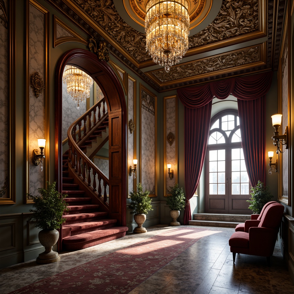 Prompt: Grandiose Victorian mansion, ornate wooden doors, intricate stone carvings, lavish chandeliers, crystal droplets, golden accents, soft warm glow, delicate filigree, rich velvet drapes, opulent furnishings, regal atmosphere, majestic staircase, sparkling crystal sconces, elaborate ceiling medallions, 3/4 composition, shallow depth of field, realistic textures, ambient occlusion.