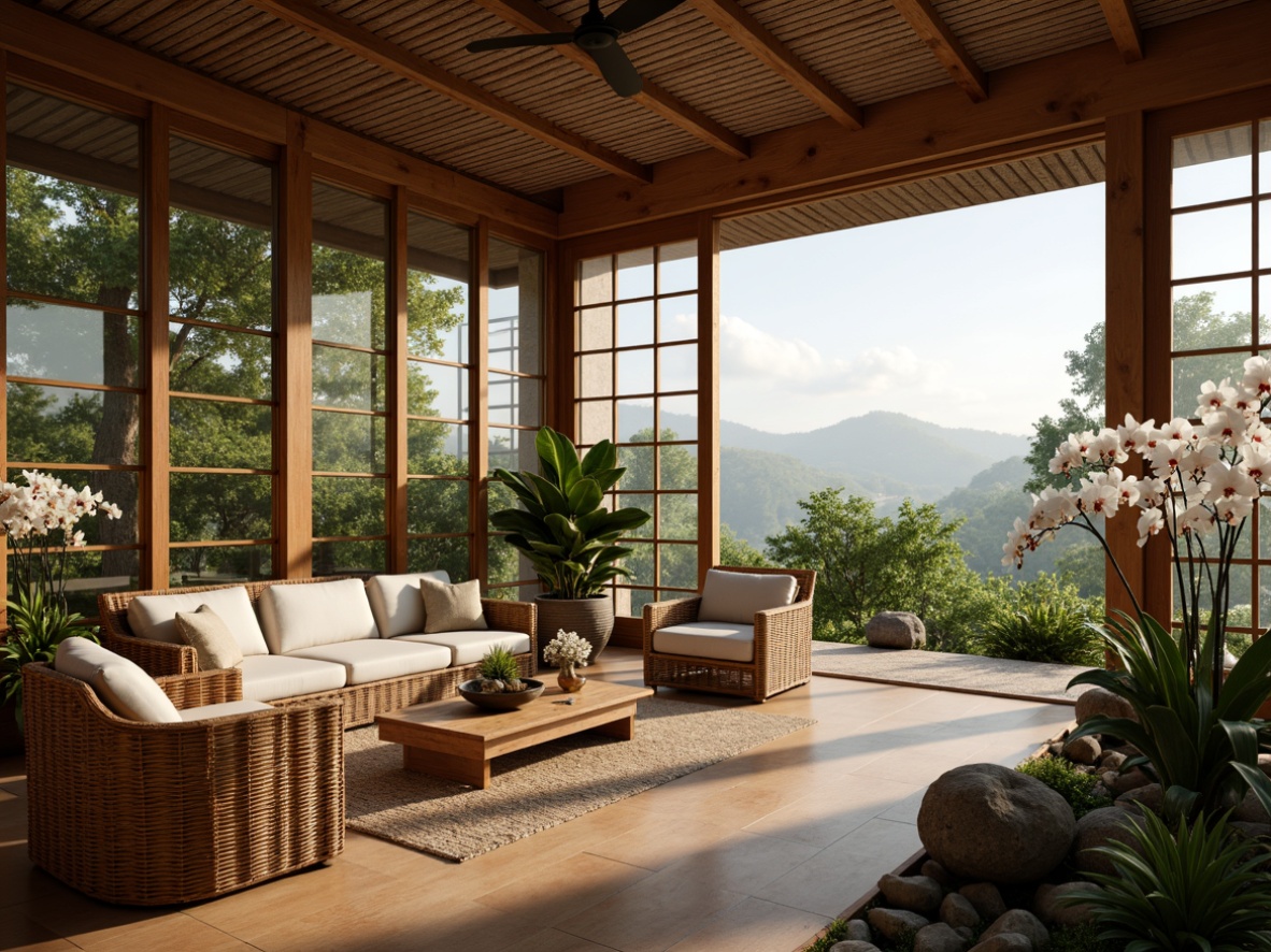 Prompt: Asian-inspired sunroom, large windows, sliding glass doors, natural wood accents, woven bamboo furniture, paper lanterns, lush greenery, blooming orchids, soft warm lighting, shallow depth of field, 3/4 composition, panoramic view, realistic textures, ambient occlusion, serene atmosphere, gentle breeze, tranquil ambiance.