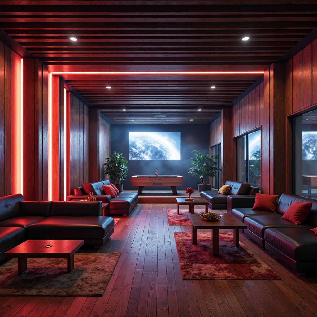 Prompt: Streamlined game room, rich wood textures, metallic accents, sleek lines, minimalist decor, vibrant neon lights, futuristic ambiance, high-gloss finishes, leather sofas, low-poly tables, geometric patterns, abstract art pieces, atmospheric fog effects, softbox lighting, cinematic composition, 1/1 aspect ratio, realistic reflections, ambient occlusion.