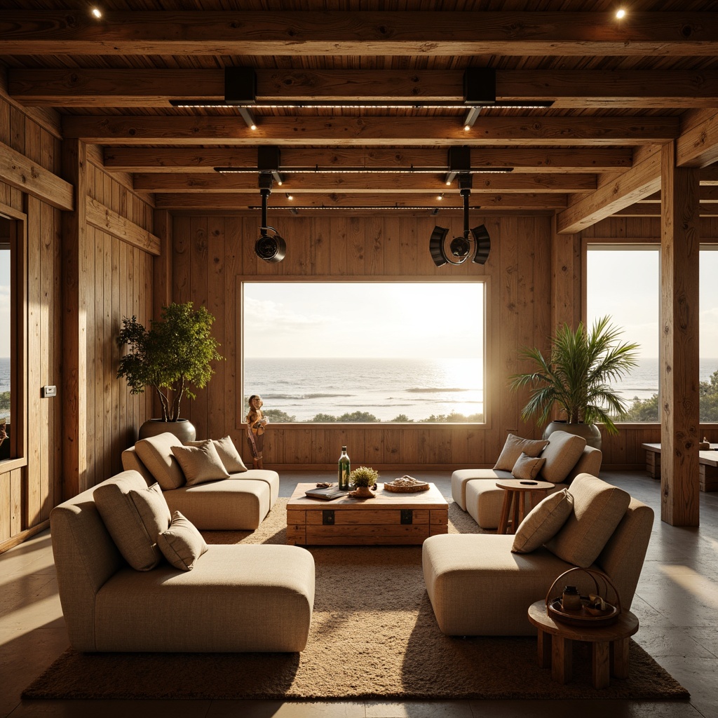 Prompt: Coastal cinema interior, warm golden lighting, soft ocean breeze, driftwood accents, rustic wooden beams, comfortable plush seating, nautical rope details, vintage film cameras, cinematic spotlights, LED strip lights, ambient glow, floor-to-ceiling windows, ocean views, natural textures, distressed finishes, weathered wood tones, modern minimalist decor, functional simplicity, warm neutral color palette, soft focus, shallow depth of field, 1/1 composition, realistic rendering.