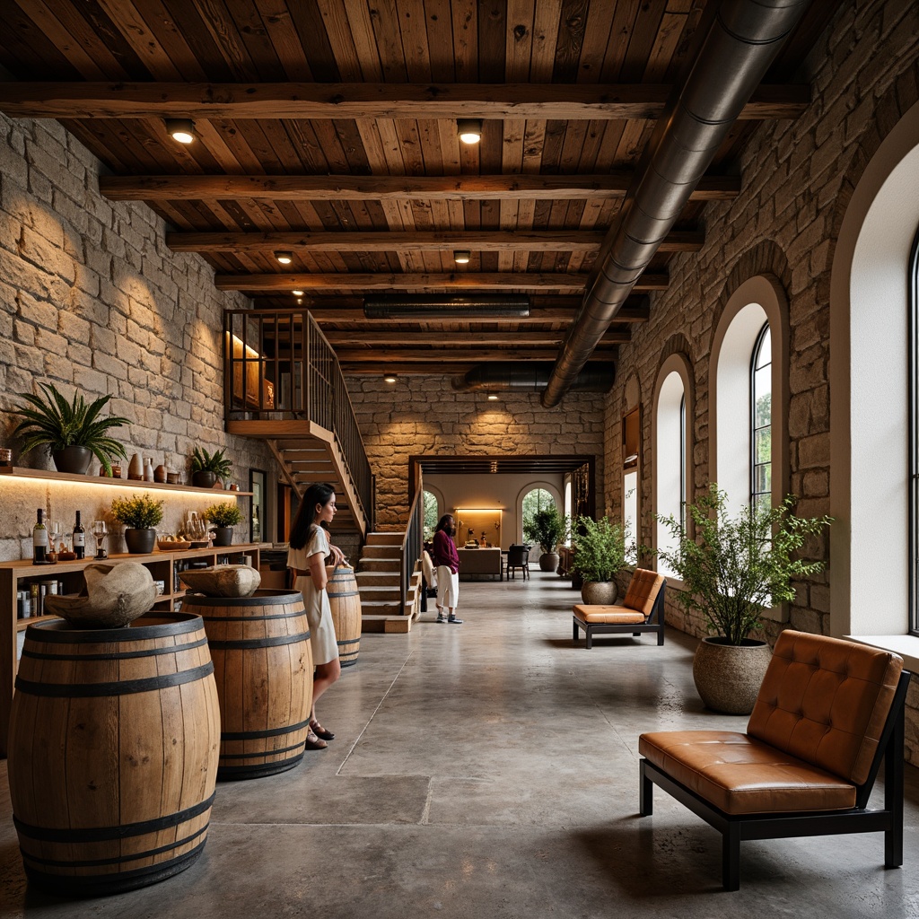 Prompt: Rustic winery interior, exposed wooden beams, industrial metal pipes, reclaimed wood accents, earthy tone color scheme, natural stone walls, concrete floors, large wooden barrels, wine-making equipment, vintage decor, dim warm lighting, shallow depth of field, 2/3 composition, realistic textures, ambient occlusion, airy open space, modern minimalist furniture, distressed leather upholstery, rich wood grain patterns.