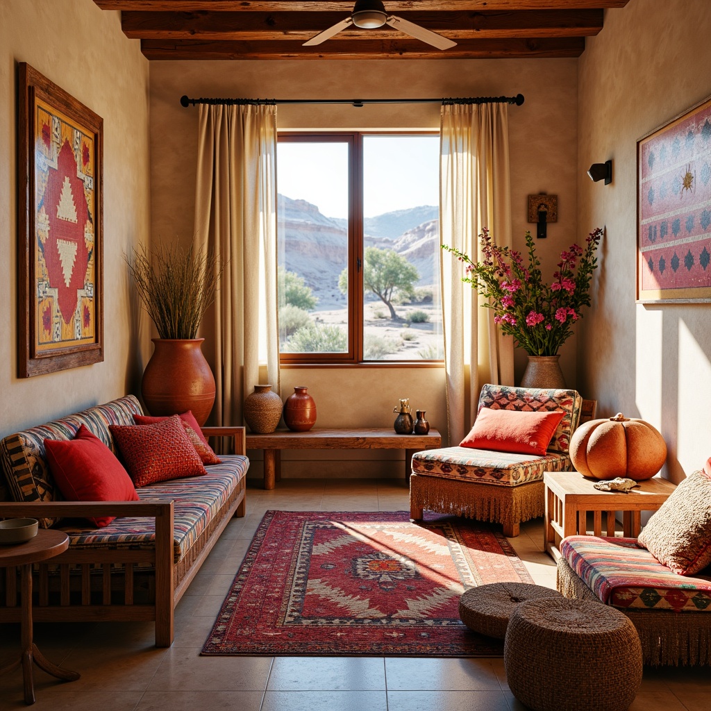 Prompt: Vibrant Southwestern interior, colorful woven textiles, bold geometric patterns, Navajo-inspired fabrics, plush throw pillows, rustic wooden furniture, earthy terracotta vases, desert landscape views, warm sandy beige walls, natural linen drapes, soft ambient lighting, 1/1 composition, shallow depth of field, realistic textures, ambient occlusion.