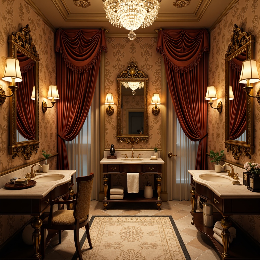 Prompt: Elegant powder room, ornate mirrors, luxurious velvet drapes, crystal chandelier, warm golden lighting, soft ambient glow, metallic accents, refined marble countertops, rich wood cabinetry, sophisticated wallpaper patterns, subtle texture variations, realistic material reflections, shallow depth of field, 1/2 composition, harmonious color palette, high-contrast rendering.