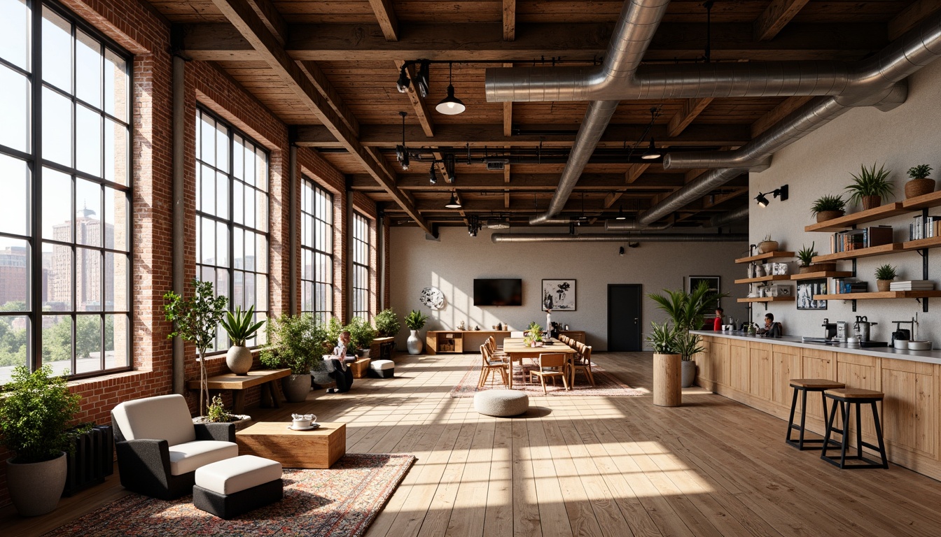 Prompt: Rustic wooden floors, exposed brick walls, vaulted ceilings, large windows, natural light, airy atmosphere, minimalist decor, industrial-style lighting, steel beams, distressed wood accents, vintage athletic equipment, nostalgic memorabilia, rich wood tones, earthy color palette, open-plan layout, flexible spaces, moveable partitions, collaborative zones, dynamic seating areas, cozy reading nooks, warm ambient lighting, soft shadows, 1/2 composition, shallow depth of field, realistic textures.