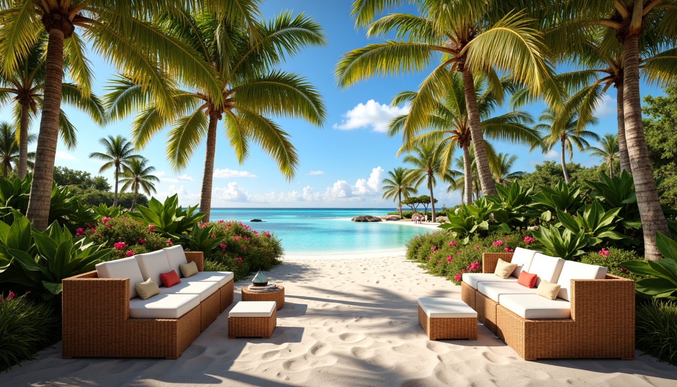 Prompt: Tropical oasis, lush palm trees, vibrant hibiscus flowers, warm sandy beach, crystal-clear turquoise water, elegant wooden accents, natural rattan furniture, soft plush cushions, refreshing citrus colors, creamy whites, rich wood tones, bold coral hues, sunny day, gentle ocean breeze, shallow depth of field, 1/1 composition, realistic textures, ambient occlusion.