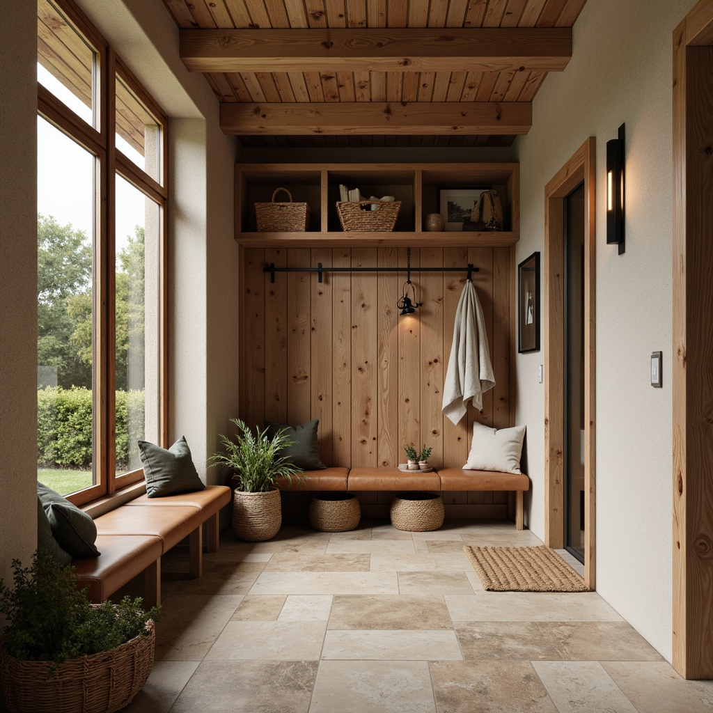 Prompt: Earth-toned mudroom, rustic wooden accents, natural stone flooring, warm beige walls, earthy brown furniture, soft sage greenery, vintage metal decor, distressed leather benches, woven wicker baskets, organic textures, cozy ambient lighting, shallow depth of field, 1/1 composition, realistic rendering, subtle color gradations.