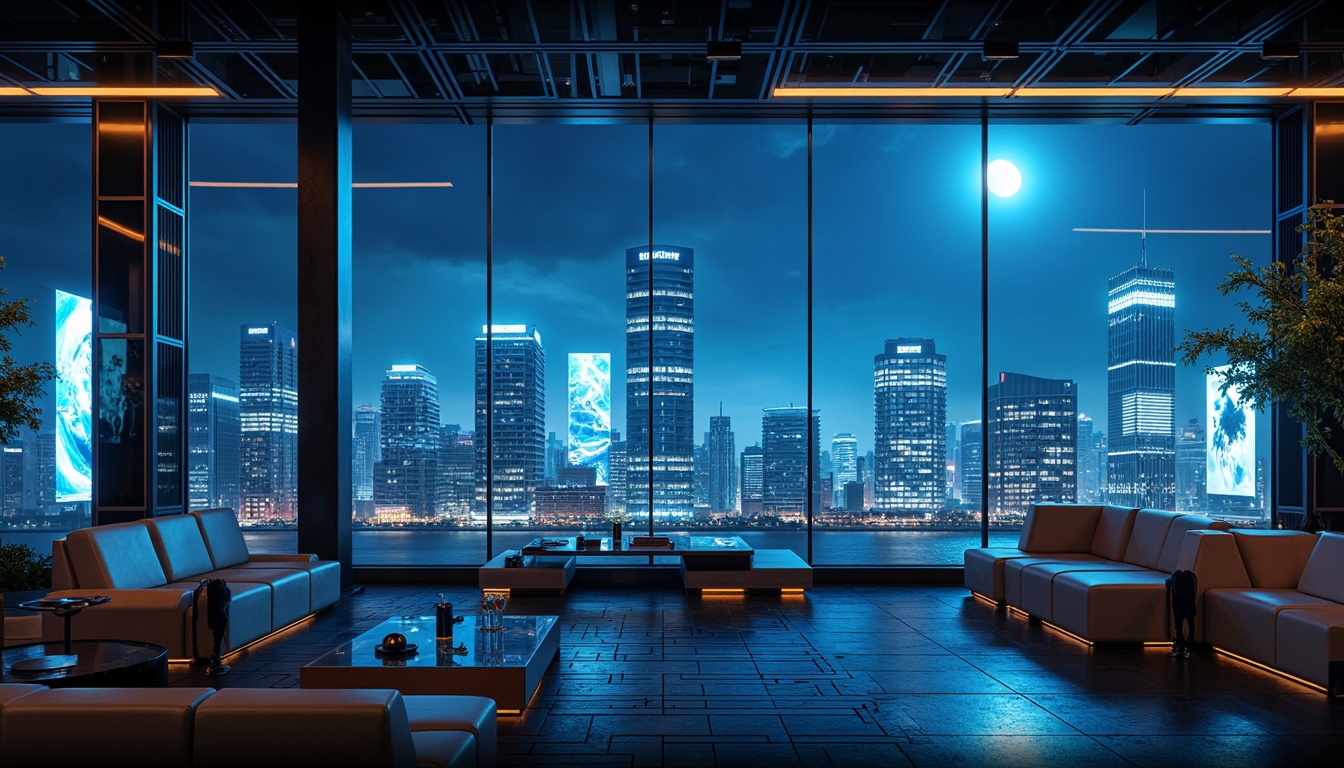 Prompt: Futuristic cityscape, neon-lit skyscrapers, holographic advertisements, atmospheric fog, dark blue night sky, crescent moon, LED strips, fiber-optic networks, iridescent glass ceilings, luminescent orbs, glowing accents, ambient Occlusion, softbox lighting, high-contrast ratios, cinematic color grading, 3D-projection mapping, immersive experience, virtual reality interfaces, futuristic furniture, metallic surfaces, holographic projections, dynamic light installations, interactive exhibits, cyberpunk-inspired decor.